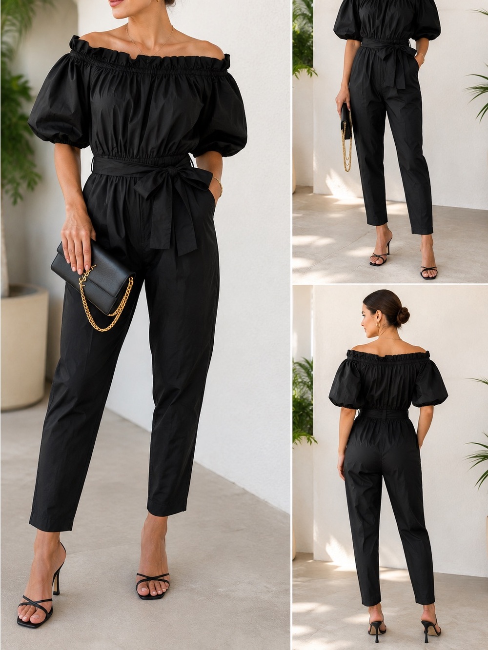 kate spade Black Off-Shoulder Straight-Leg Jumpsuit with Self-Tie Waist